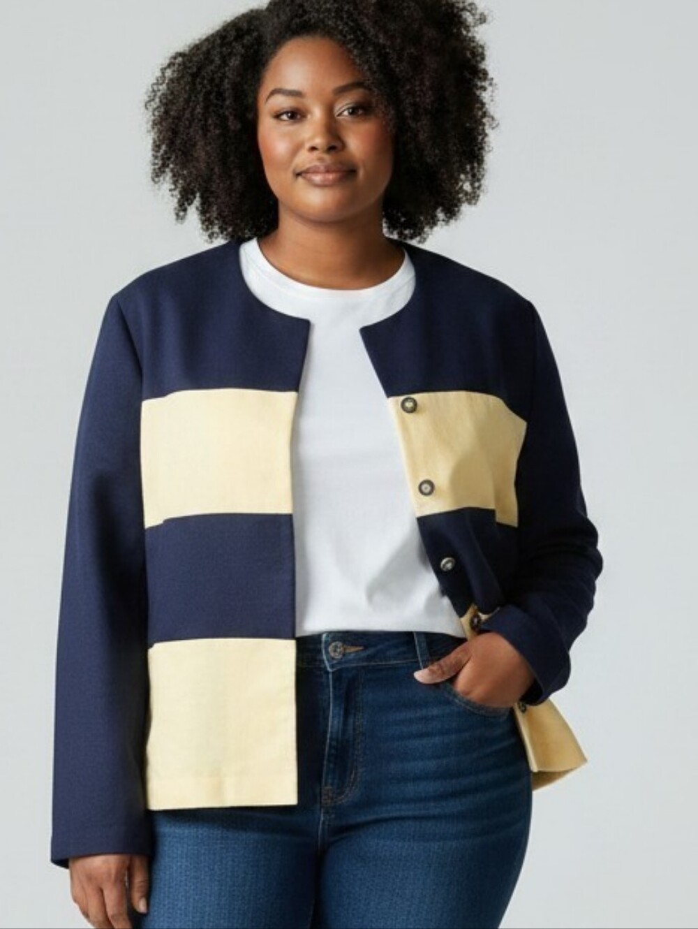 Vintage Kathie Lee Collection Women's Colorblock Blazer Size 14 Navy and Yellow